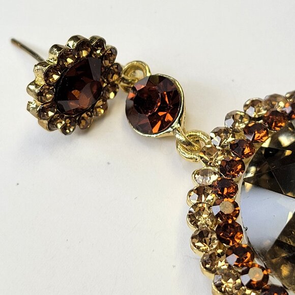 Vintage Inspired Round Cut Champagne and Amber Glass Stone Drop Earrings - Picture 10 of 11